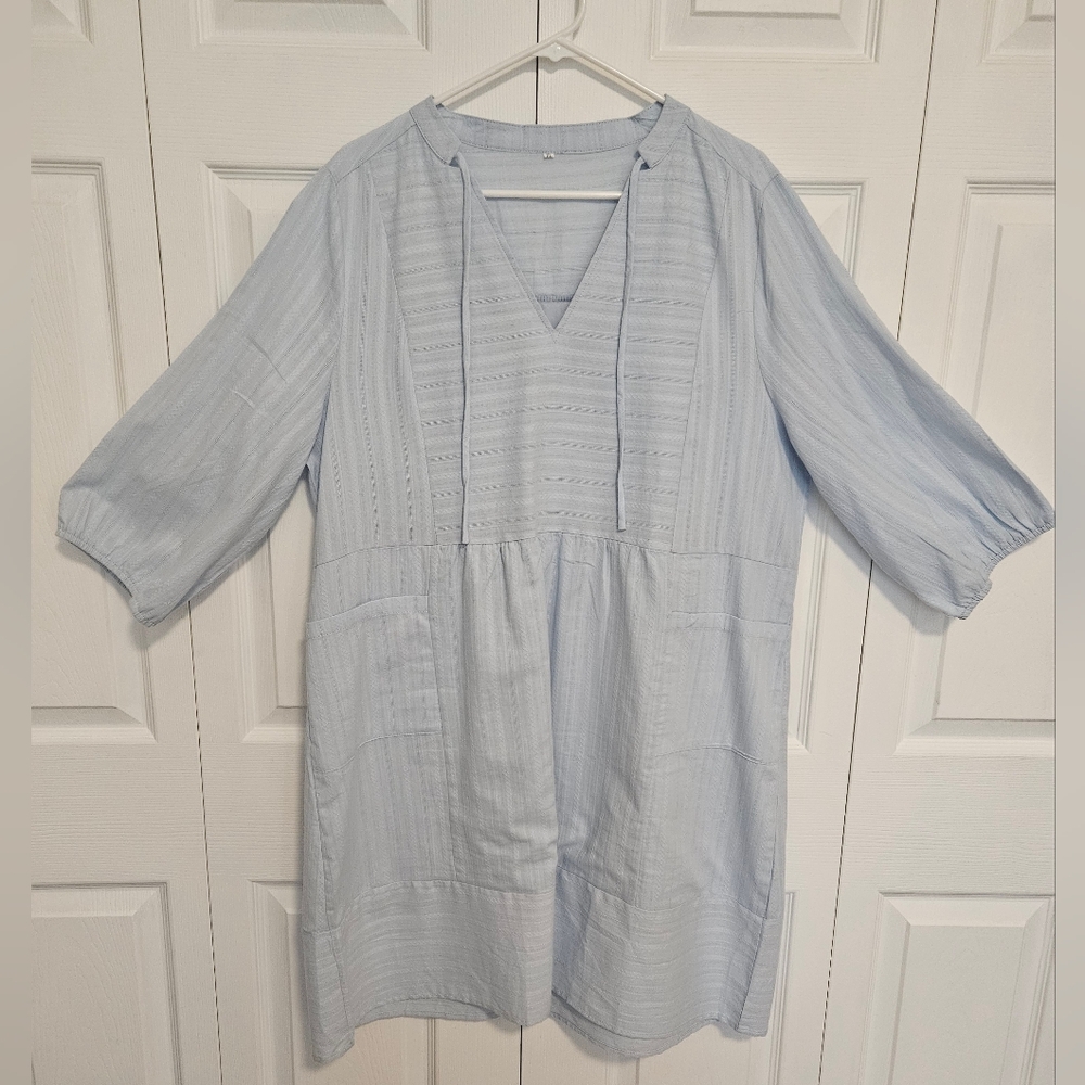 Women's Blue Casual Loose Shift V Neck BoHo Cottagecore Style Dress Size XL